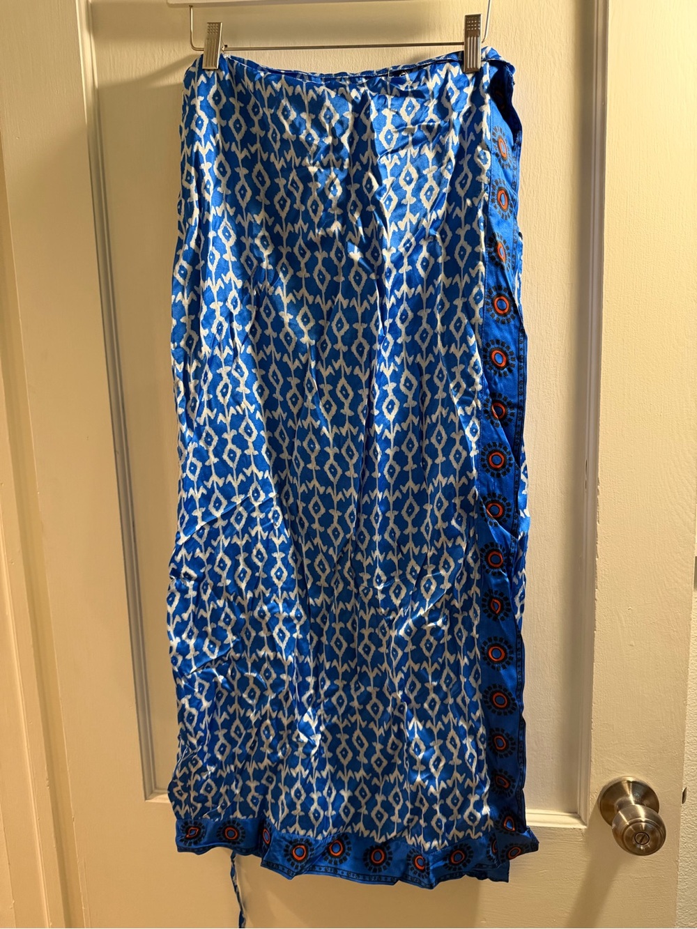 Zara Blue and White Ikat Wrap Skirt with Embroidered Trim